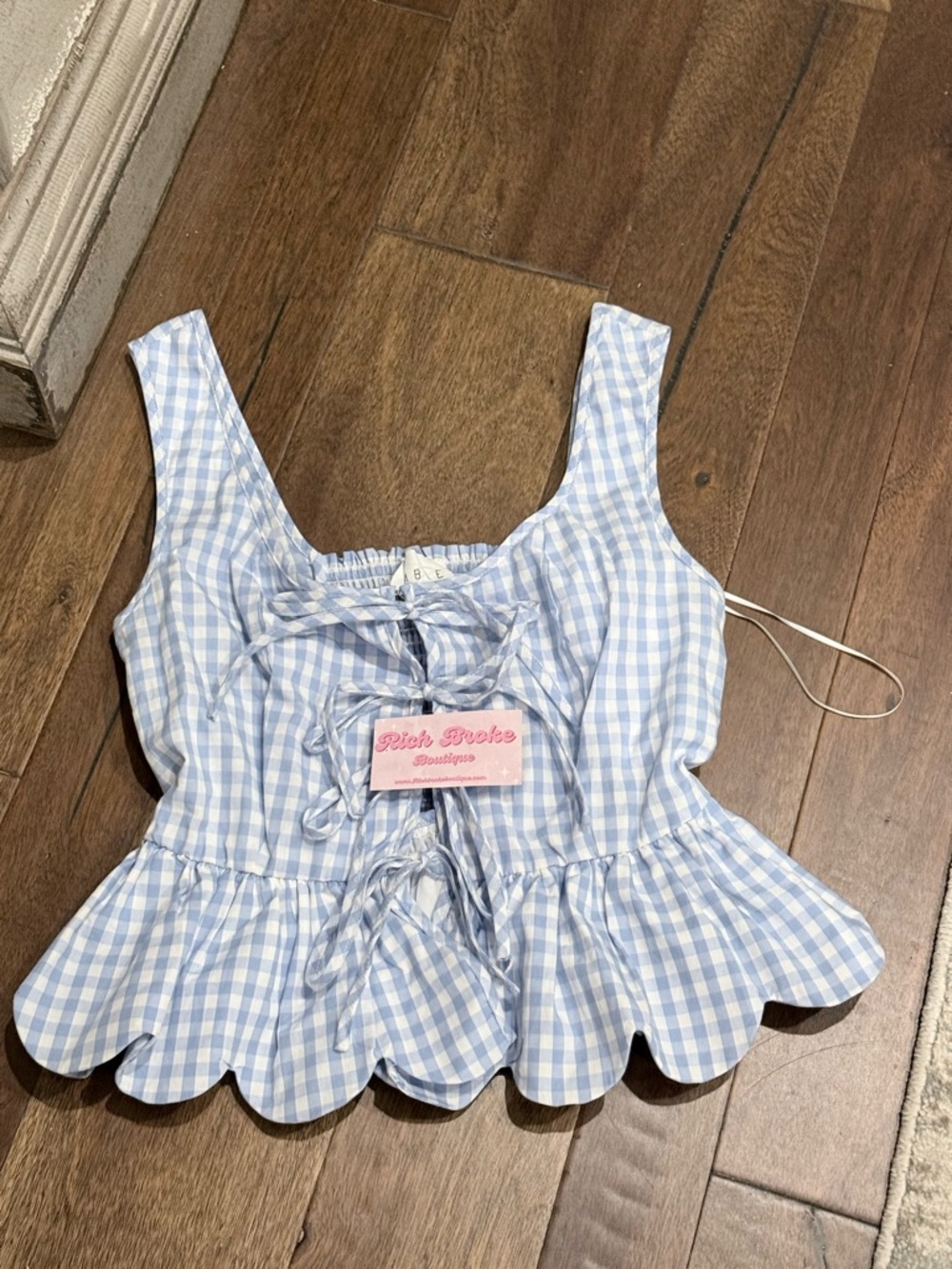 Light Blue Gingham Scalloped Peplum Crop Top - Rich Broke Boutique